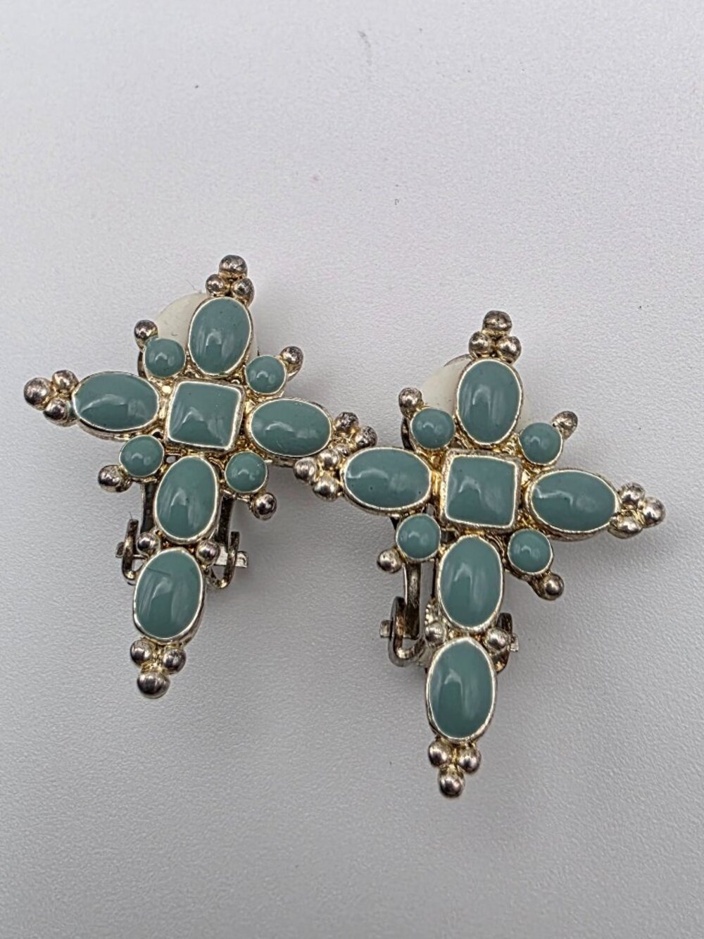 Signed MJ Turquoise Enamel Cross Clip-On Earrings Silver Tone Rhinestone Vintage